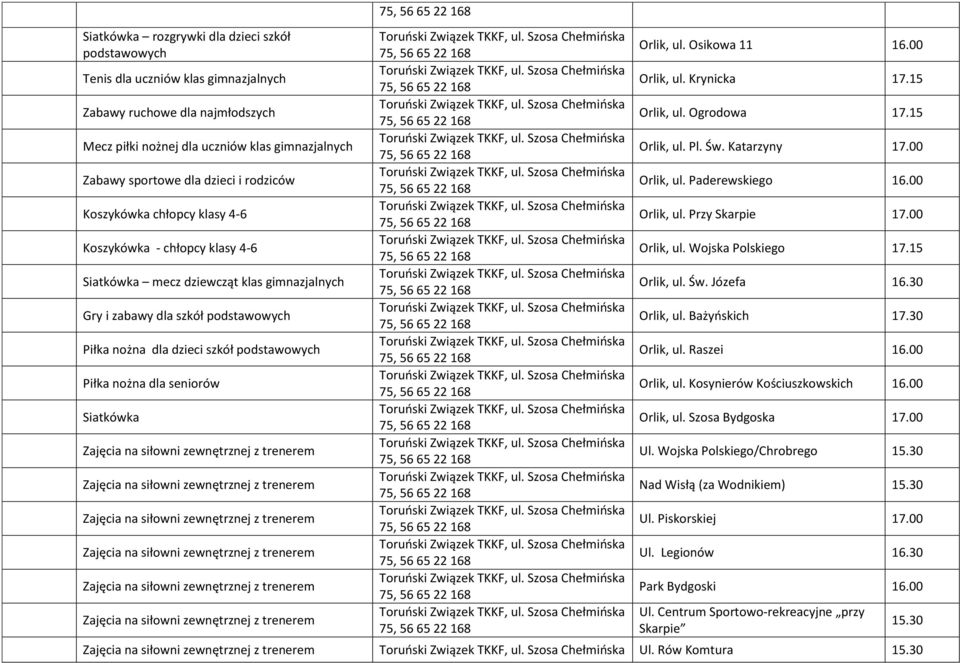 nożna dla seniorów Siatkówka Orlik, ul. Osikowa 11 16.00 Orlik, ul. Krynicka 17.15 Orlik, ul. Ogrodowa 17.15 Orlik, ul. Pl. Św. Katarzyny Orlik, ul. Paderewskiego 16.00 Orlik, ul. Przy Skarpie Orlik, ul.