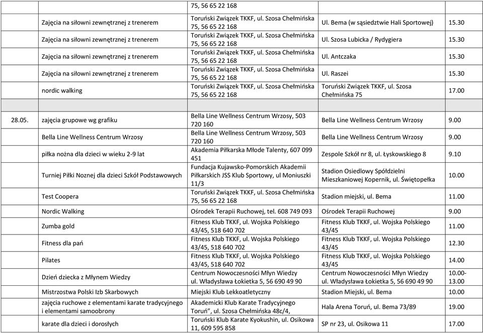 Wrzosy, 503 720 160 Bella Line Wellness Centrum Wrzosy, 503 720 160 Akademia Piłkarska Młode Talenty, 607 099 451 Fundacja Kujawsko-Pomorskich Akademii Piłkarskich JSS Klub Sportowy, ul Moniuszki