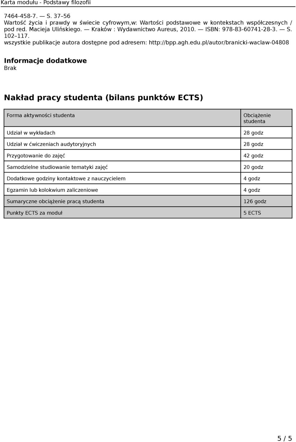pl/autor/branicki-waclaw-04808 Informacje dodatkowe Brak Nakład pracy studenta (bilans punktów ECTS) Forma aktywności studenta Udział w wykładach Udział w ćwiczeniach audytoryjnych