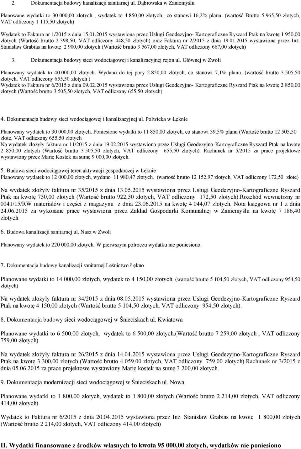 z dnia 15.01.2015 wystawiona przez Usługi Geodezyjno- Kartograficzne Ryszard Ptak na kwotę 1 950,00 złotych (Wartość brutto 2 398,50, VAT odliczony 448,50 złotych) oraz Faktura nr 2/2015 z dnia 19.01.2015 wystawiona przez Inż.