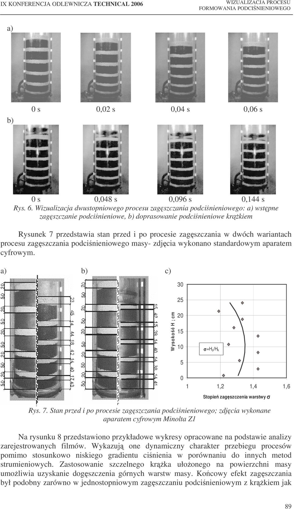wariantach procesu zagszczania podcinieniowego masy- zdjcia wykonano standardowym aparatem cyfrowym. c) 30 25 Wysoko H ; cm 20 15 10 5 σ=h o /H k 0 1 1,2 1,4 1,6 Stopie zagszczenia warstwy σ Rys. 7.