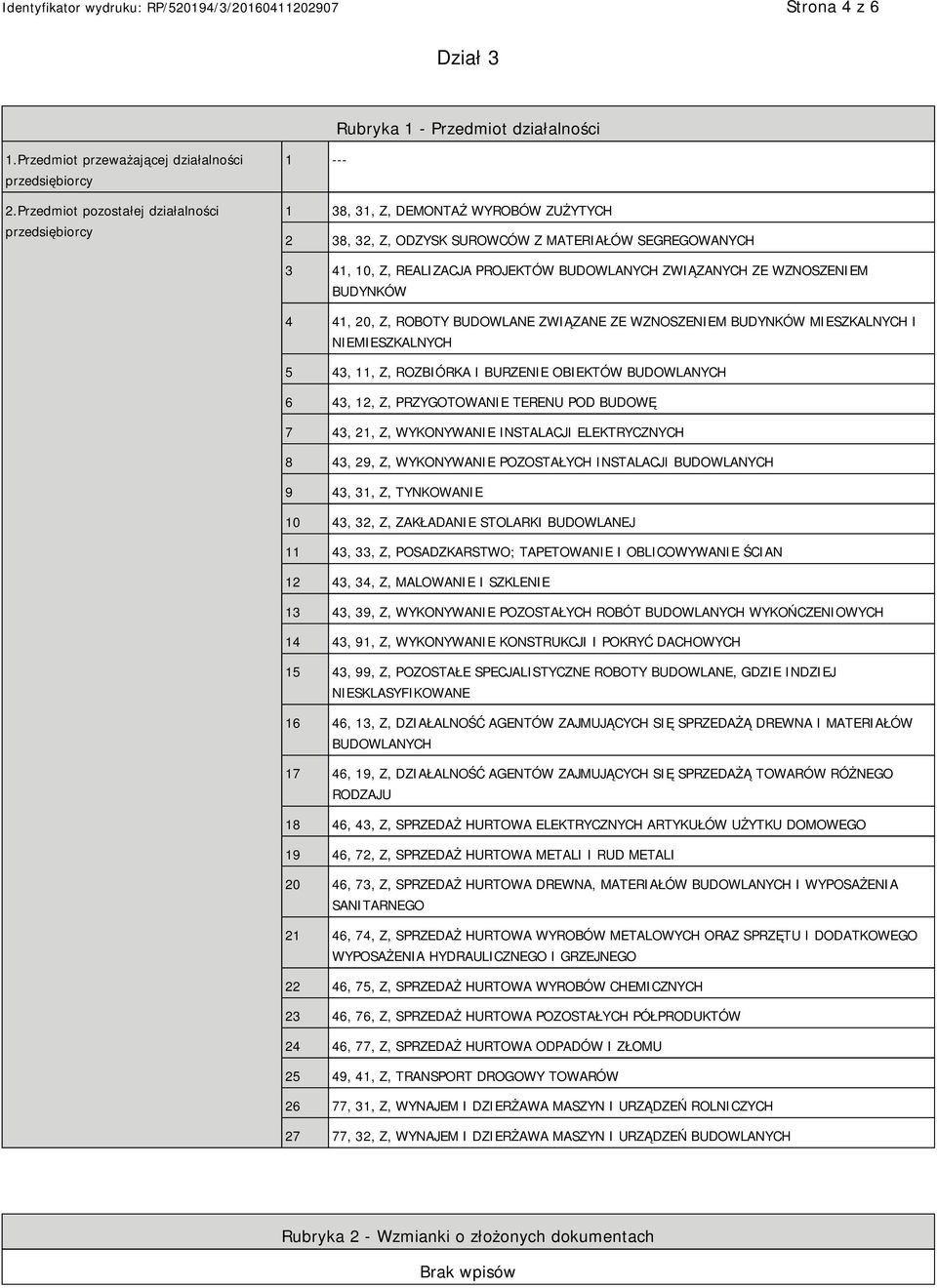 ZWIĄZANYCH ZE WZNOSZEM BUDYNKÓW 4 41, 20, Z, ROBOTY BUDOWLANE ZWIĄZANE ZE WZNOSZEM BUDYNKÓW MIESZKALNYCH I MIESZKALNYCH 5 43, 11, Z, ROZBIÓRKA I BURZE OBIEKTÓW BUDOWLANYCH 6 43, 12, Z, PRZYGOTOWA