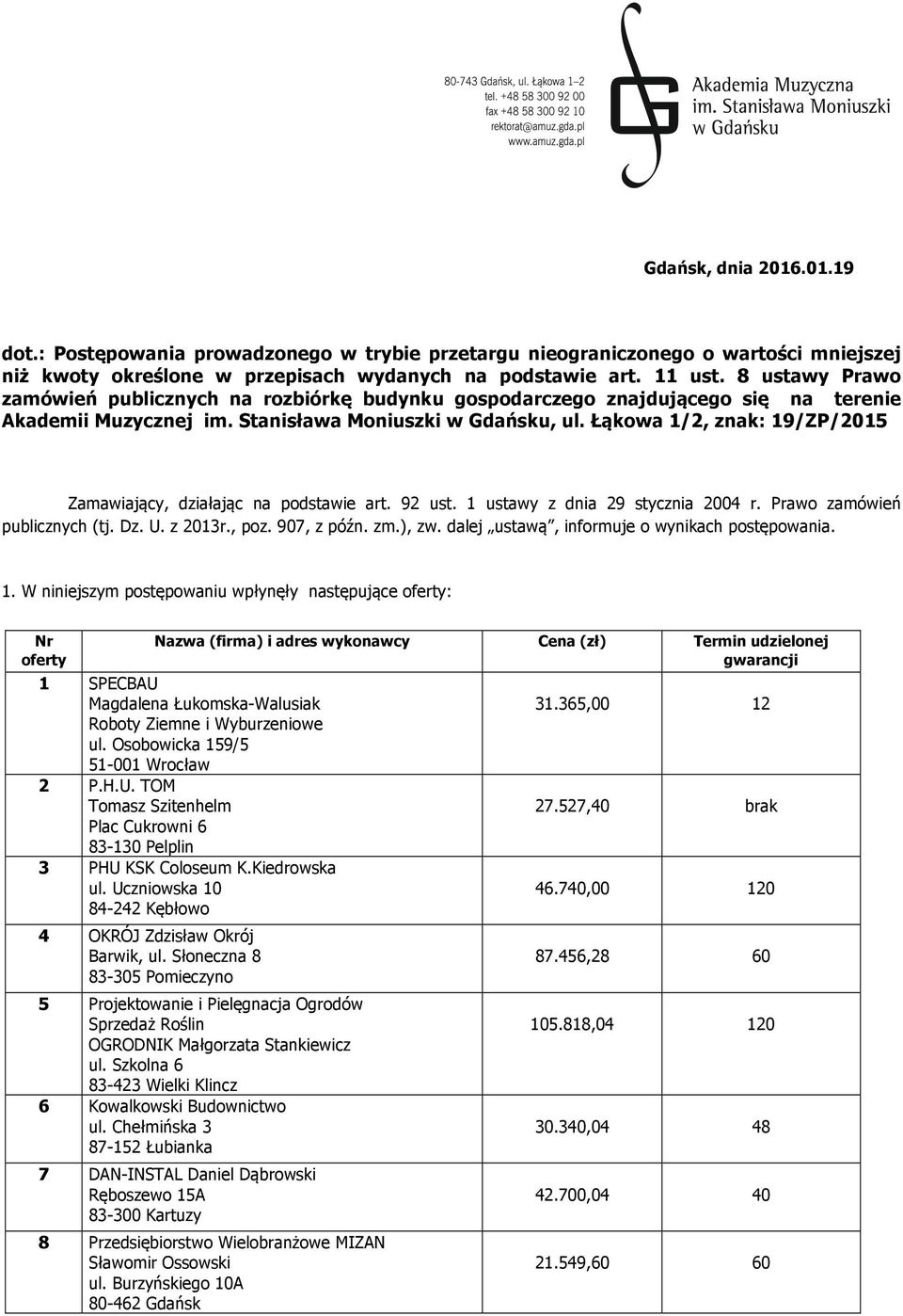 Łąkowa 1/2, znak: 19/ZP/2015 Zamawiający, działając na podstawie art. 92 ust. 1 ustawy z dnia 29 stycznia 2004 r. Prawo zamówień publicznych (tj. Dz. U. z 2013r., poz. 907, z późn. zm.), zw.