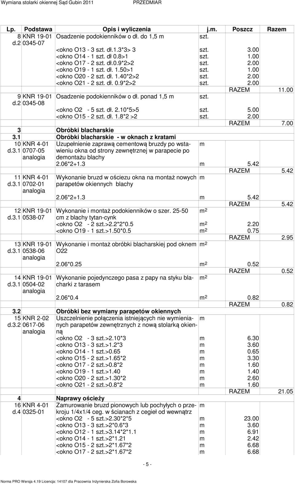 00 9 KNR 19-01 Osadzenie podokienników o dł. ponad 1,5 szt. d.2 0345-08 <okno O2-5 szt. dł. 2.10*5>5 szt. 5.00 <okno O15-2 szt. dł. 1.8*2 >2 szt. 2.00 RAZEM 7.00 3 Obróbki blacharskie 3.