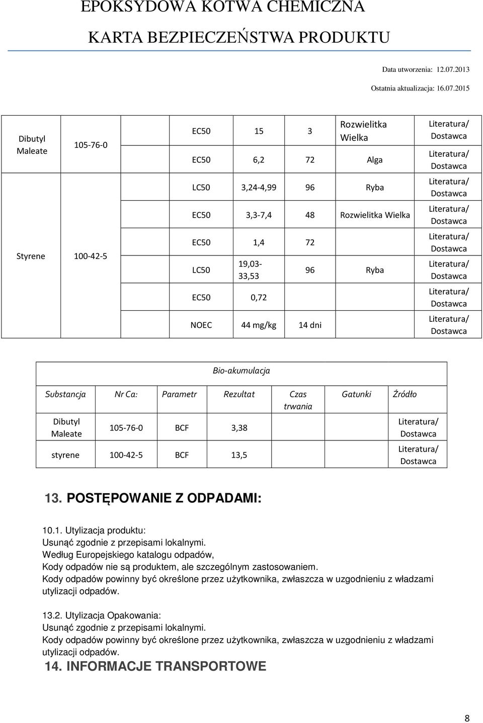 Według Europejskiego katalogu odpadów, Kody odpadów nie są produktem, ale szczególnym zastosowaniem.
