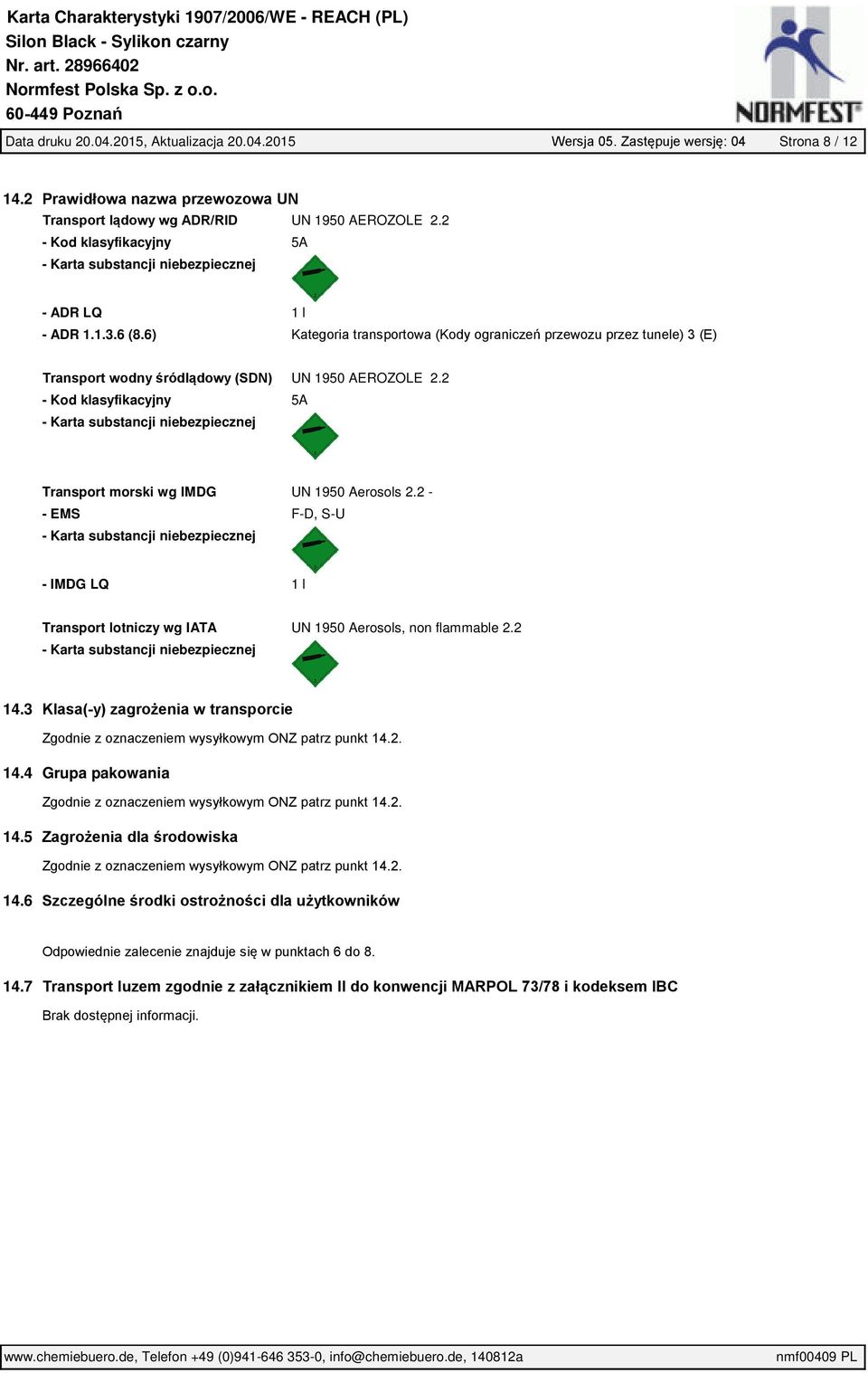 6) Kategoria transportowa (Kody ograniczeń przewozu przez tunele) 3 (E) Transport wodny śródlądowy (SDN) UN 1950 AEROZOLE 2.