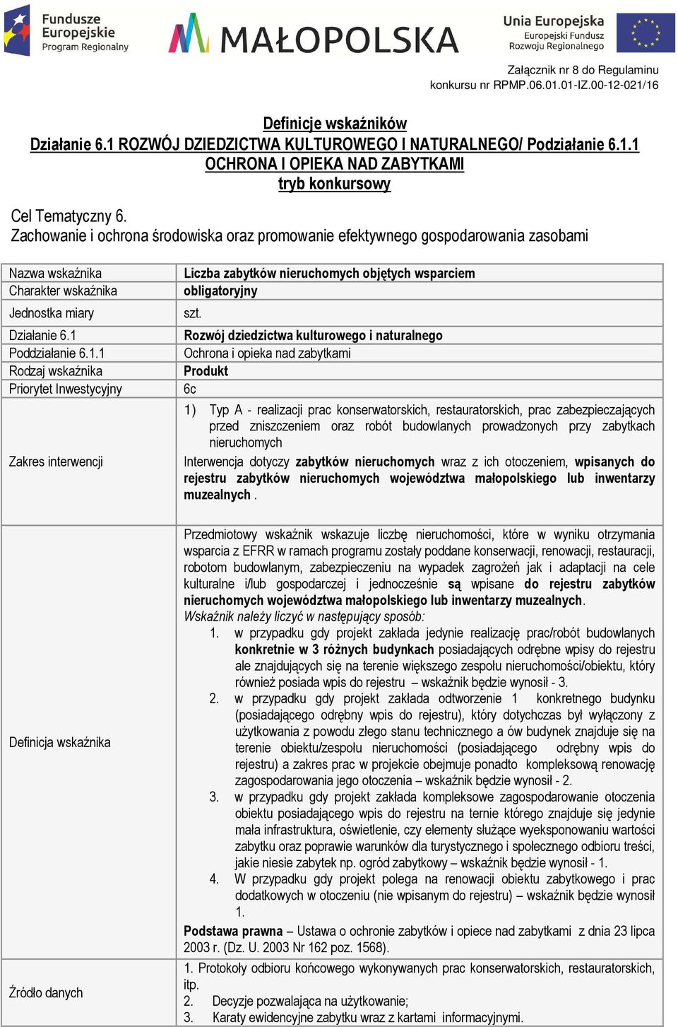 Produkt 6c 1) Typ A - realizacji prac konserwatorskich, restauratorskich, prac zabezpieczających przed zniszczeniem oraz robót budowlanych prowadzonych przy zabytkach nieruchomych Interwencja dotyczy