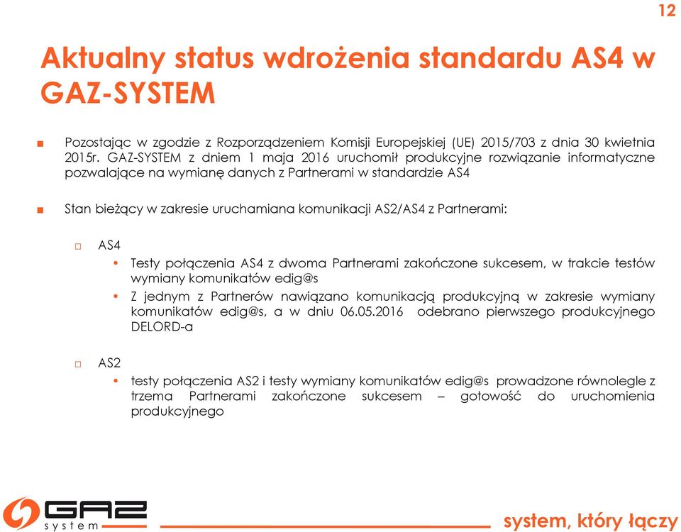 Partnerami: AS4 Testy połączenia AS4 z dwoma Partnerami zakończone sukcesem, w trakcie testów wymiany komunikatów edig@s Z jednym z Partnerów nawiązano komunikacją produkcyjną w zakresie wymiany