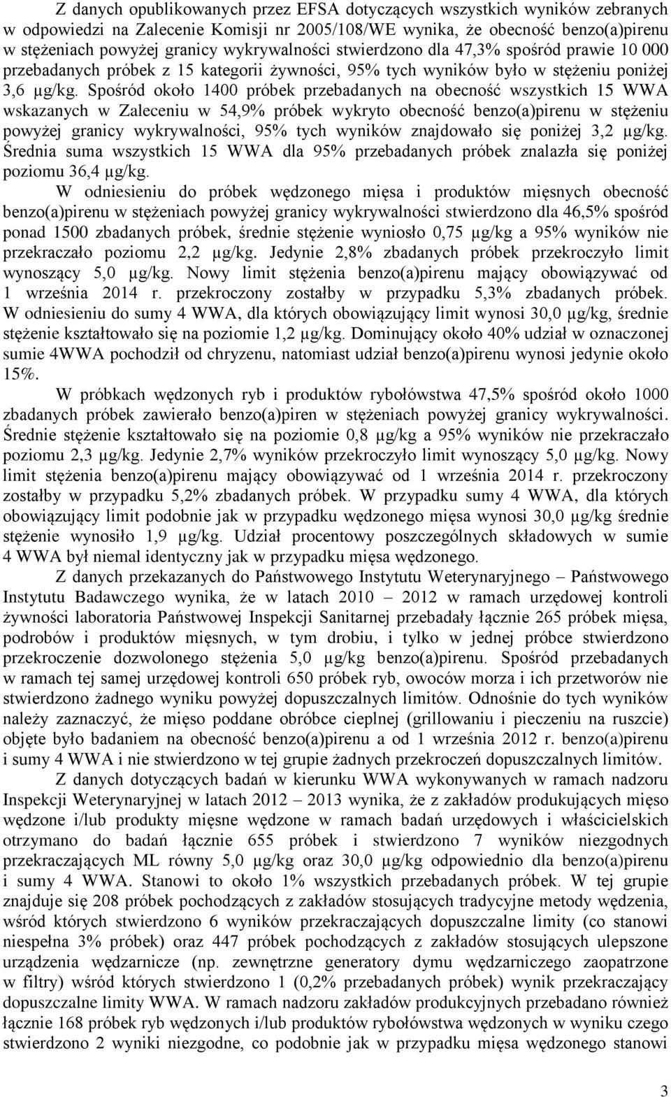 Spośród około 1400 próbek przebadanych na obecność wszystkich 15 WWA wskazanych w Zaleceniu w 54,9% próbek wykryto obecność benzo(a)pirenu w stężeniu powyżej granicy wykrywalności, 95% tych wyników
