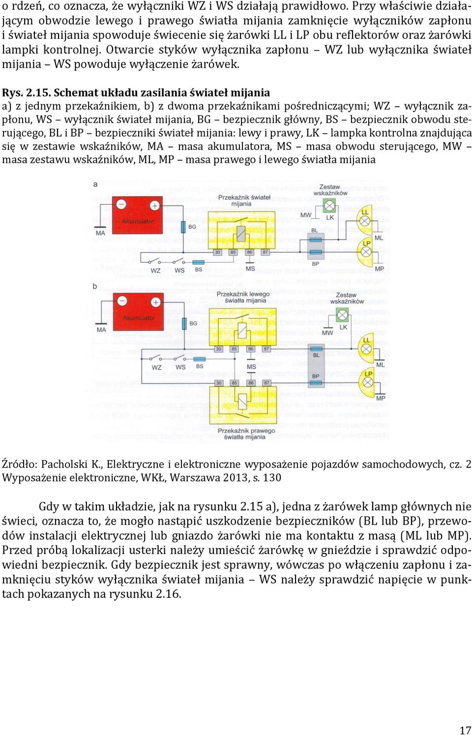 kontrolnej. Otwarcie styków wyłącznika zapłonu WZ lub wyłącznika świateł mijania WS powoduje wyłączenie żarówek. Rys. 2.15.
