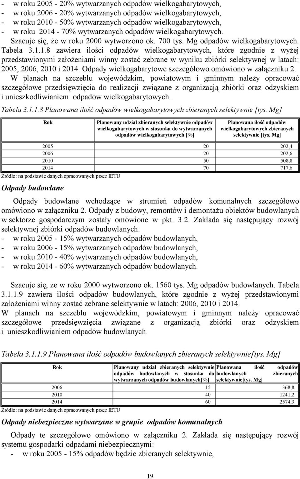 1.8 zawiera ilości odpadów wielkogabarytowych, które zgodnie z wyżej przedstawionymi założeniami winny zostać zebrane w wyniku zbiórki selektywnej w latach: 2005, 2006, 2010 i 2014.