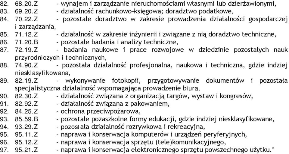 B - pozostałe badania i analizy techniczne, 87. 72.19.Z - badania naukowe i prace rozwojowe w dziedzinie pozostałych nauk przyrodniczych i technicznych, 88. 74.90.