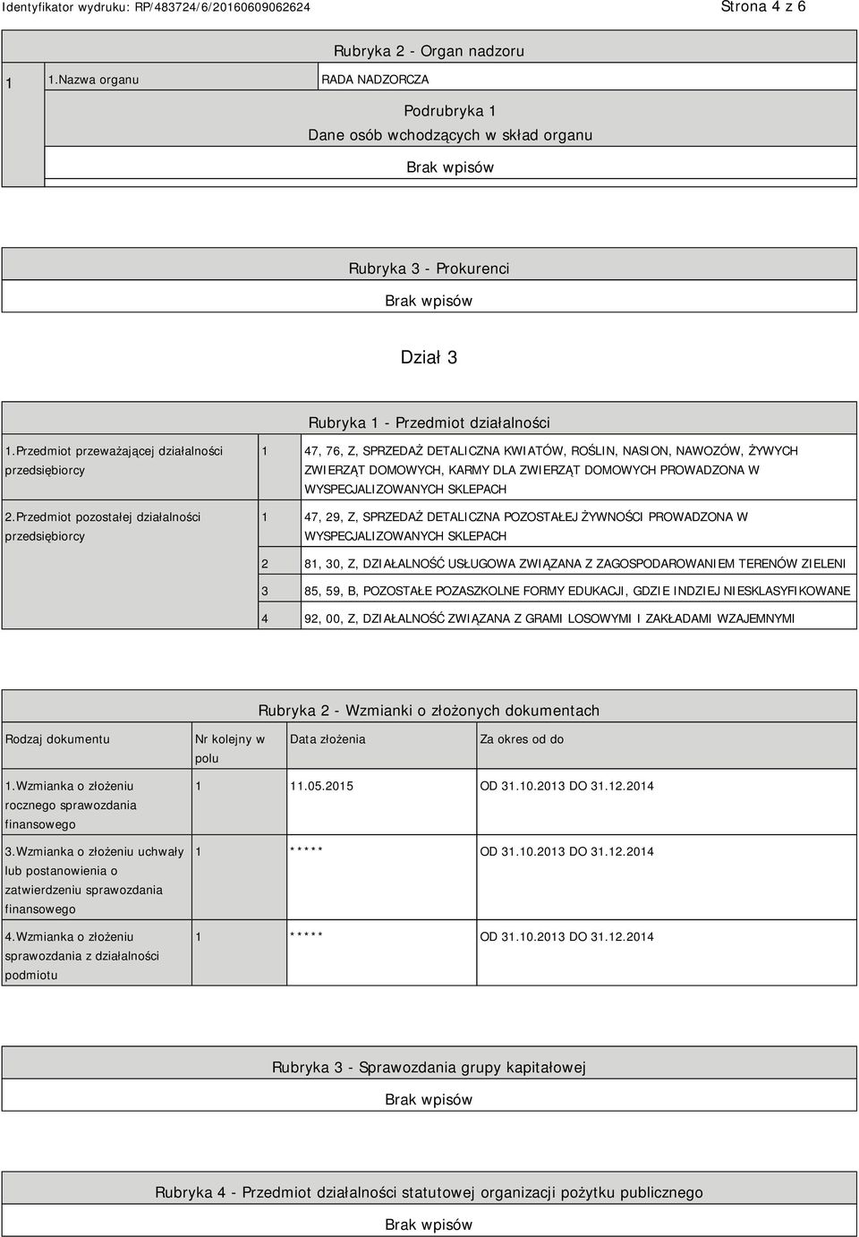 Przedmiot pozostałej działalności przedsiębiorcy 1 47, 76, Z, SPRZEDAŻ DETALICZNA KWIATÓW, ROŚLIN, NASION, NAWOZÓW, ŻYWYCH ZWIERZĄT DOMOWYCH, KARMY DLA ZWIERZĄT DOMOWYCH PROWADZONA W