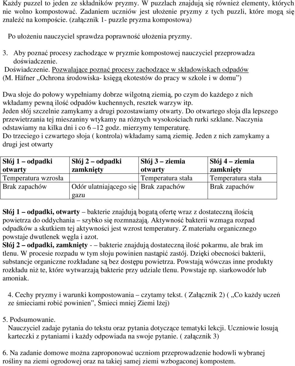 Aby poznać procesy zachodzące w pryzmie kompostowej nauczyciel przeprowadza doświadczenie. Doświadczenie. Pozwalające poznać procesy zachodzące w składowiskach odpadów (M.