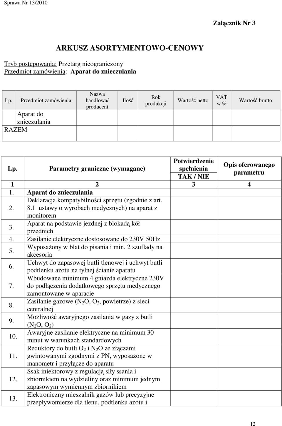 Parametry graniczne (wymagane) Potwierdzenie Opis oferowanego spełnienia parametru TAK / NIE 1 2 3 4 1. Aparat do znieczulania Deklaracja kompatybilności sprzętu (zgodnie z art. 2. 8.