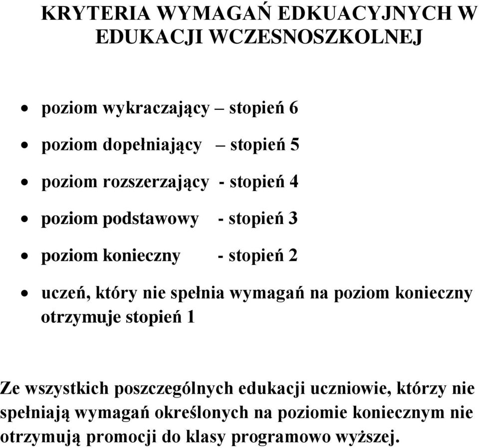 który nie spełnia wymagań na poziom konieczny otrzymuje stopień 1 Ze wszystkich poszczególnych edukacji