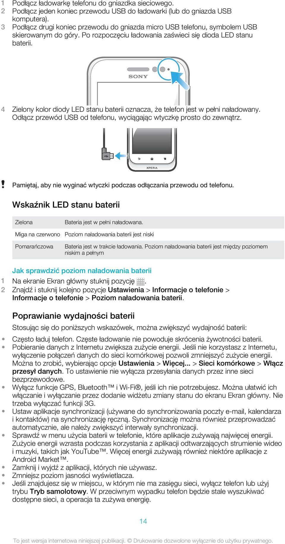 4 Zielony kolor diody LED stanu baterii oznacza, że telefon jest w pełni naładowany. Odłącz przewód USB od telefonu, wyciągając wtyczkę prosto do zewnątrz.