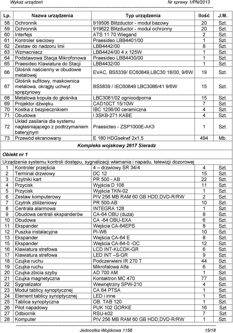 66 Głośnik naścienny w obudowie metalowej EVAC, BS5339/ EC60849,LBC30 8/00, 9/6W 9 Szt. 67 Głośnik sufitowy, maskownica metalowa, okrągły uchwyt BS5839 / IEC60849 LBC3086/4 9/6W 5 Szt.