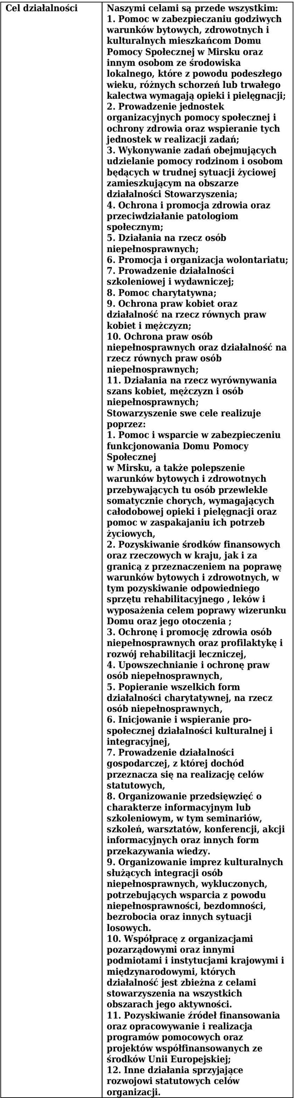 różnych schorzeń lub trwałego kalectwa wymagają opieki i pielęgnacji; 2. Prowadzenie jednostek organizacyjnych pomocy społecznej i ochrony zdrowia oraz wspieranie tych jednostek w realizacji zadań; 3.