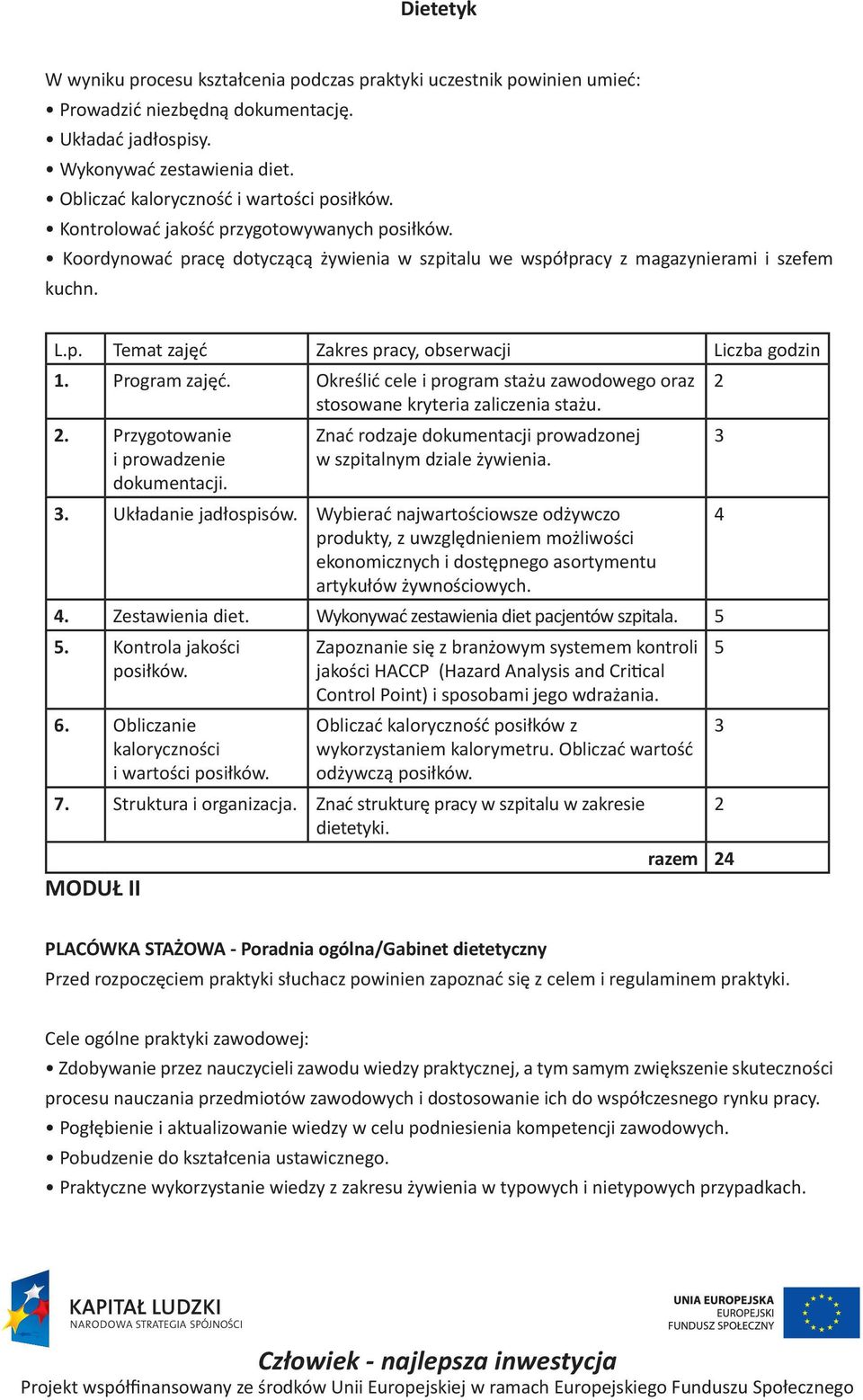 Program zajęć. Określić cele i program stażu zawodowego oraz 2 stosowane kryteria zaliczenia stażu. 2. Przygotowanie Znać rodzaje dokumentacji prowadzonej 3 i prowadzenie dokumentacji.