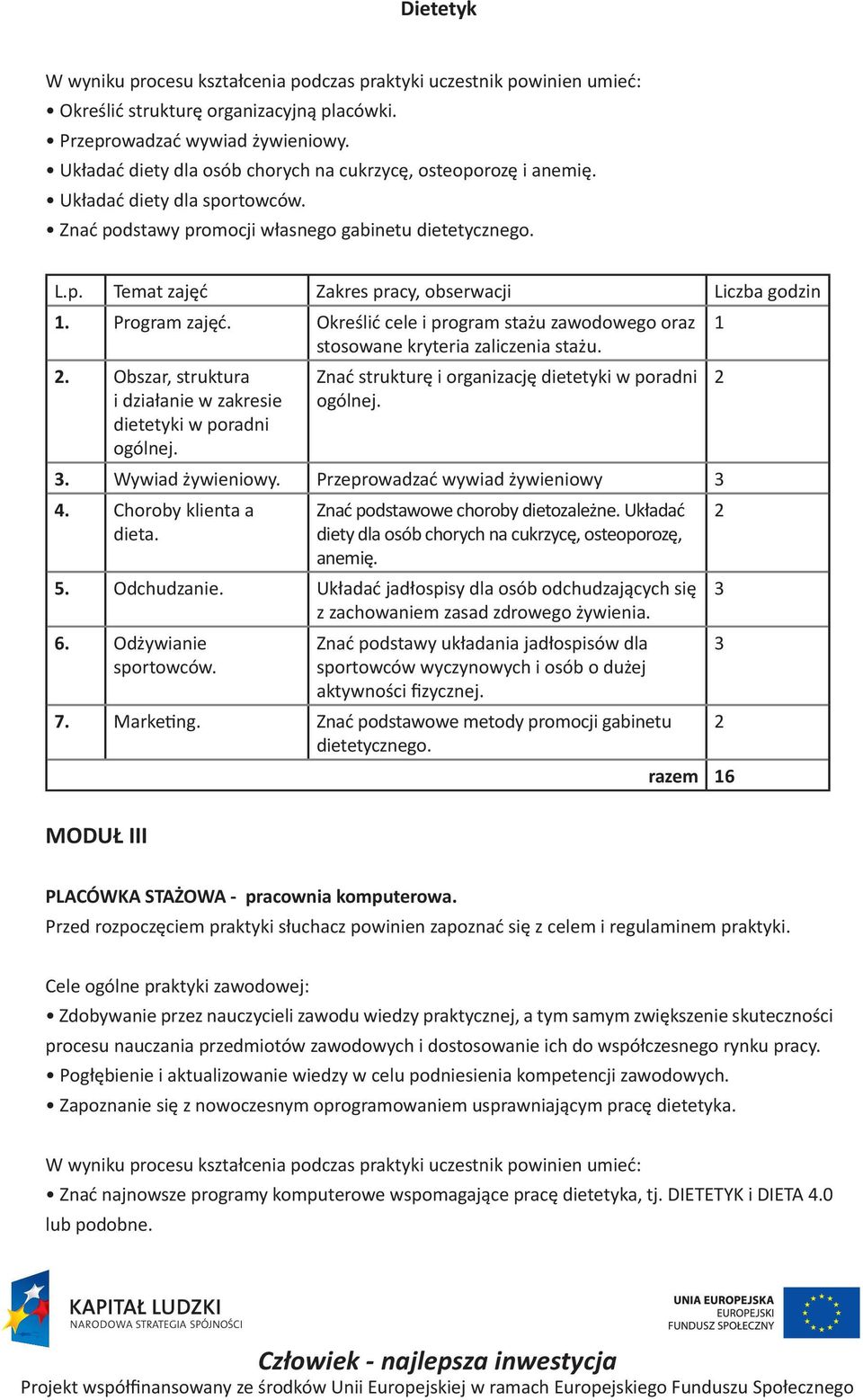 Program zajęć. Określić cele i program stażu zawodowego oraz 1 stosowane kryteria zaliczenia stażu. 2.