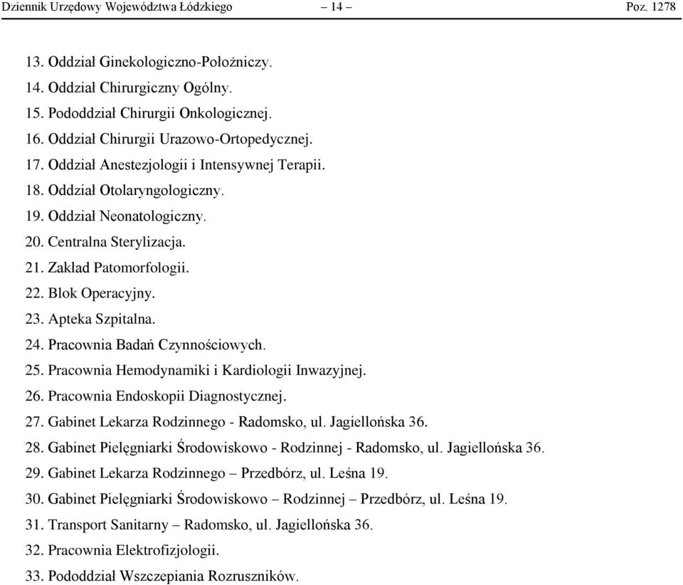 Zakład Patomorfologii. 22. Blok Operacyjny. 23. Apteka Szpitalna. 24. Pracownia Badań Czynnościowych. 25. Pracownia Hemodynamiki i Kardiologii Inwazyjnej. 26. Pracownia Endoskopii Diagnostycznej. 27.