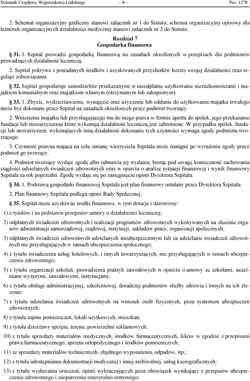 Rozdział 7 Gospodarka finansowa 31. 1. Szpital prowadzi gospodarkę finansową na zasadach określonych w przepisach dla podmiotów prowadzących działalność leczniczą. 2.