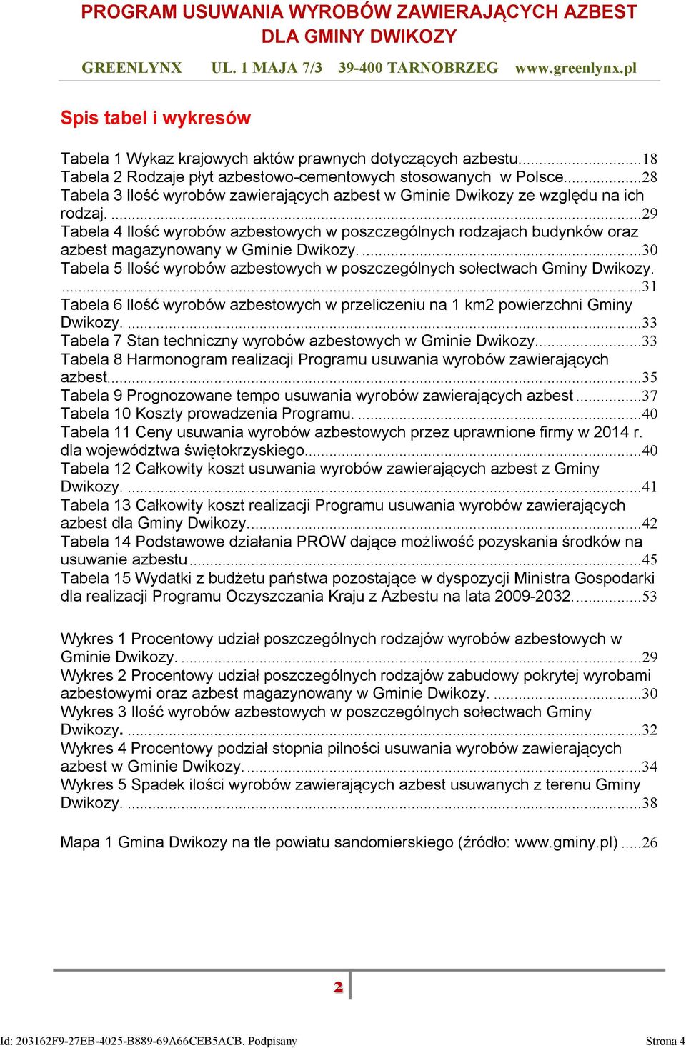 ... 29 Tabela 4 Ilość wyrobów azbestowych w poszczególnych rodzajach budynków oraz azbest magazynowany w Gminie Dwikozy.