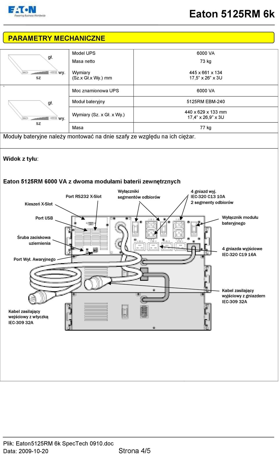 440 x 629 x 133 mm 17,4 x 26,9 x 3U 77 kg Widok z tyłu: Eaton 5125RM z dwoma modułami baterii zewnętrznych Kieszeń X-Slot Port RS232 X-Slot Wyłączniki segmentów odbiorów 4 gniazd wyj.