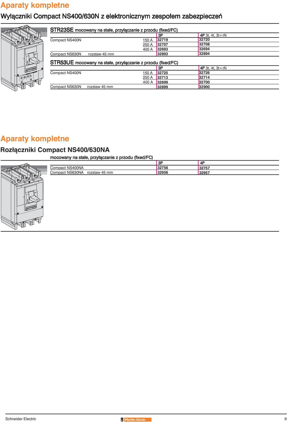 NS400N 150 A 32719 250 A 32707 400 A 32693 Compact NS630N rozstaw 45 mm 32893 STR53UE STR53UE 3P Compact NS400N 150 A 32725 250 A 32713 400 A 32699 Compact