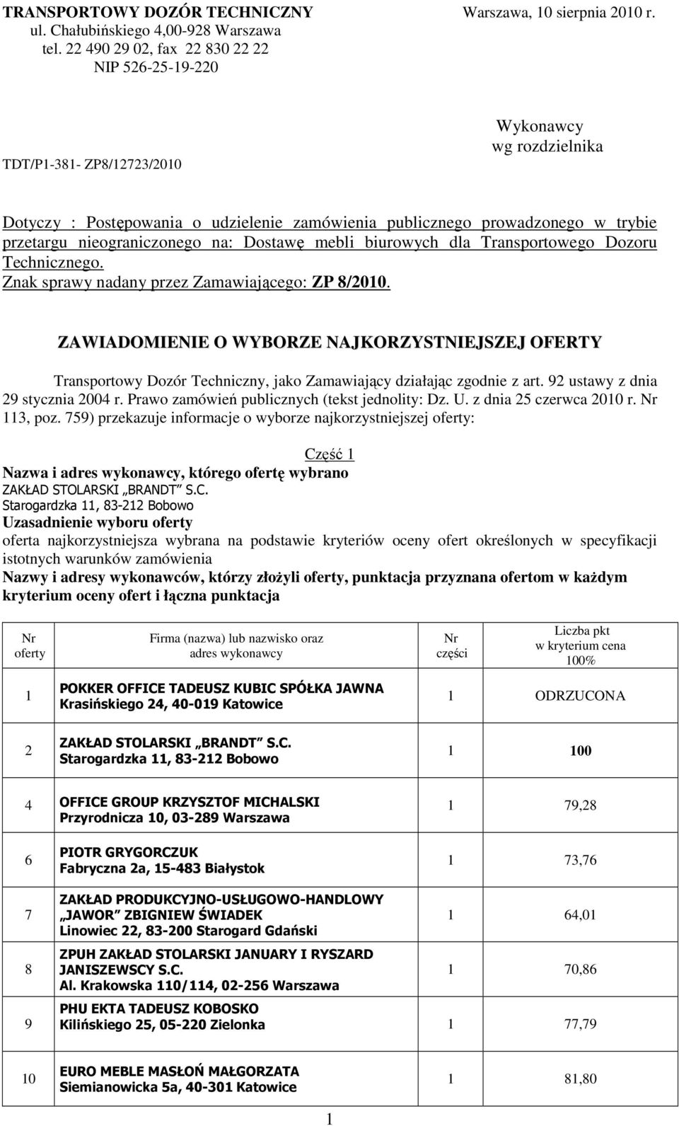 mebli biurowych dla Transportowego Dozoru Technicznego. Znak sprawy nadany przez Zamawiającego: ZP 8/010.
