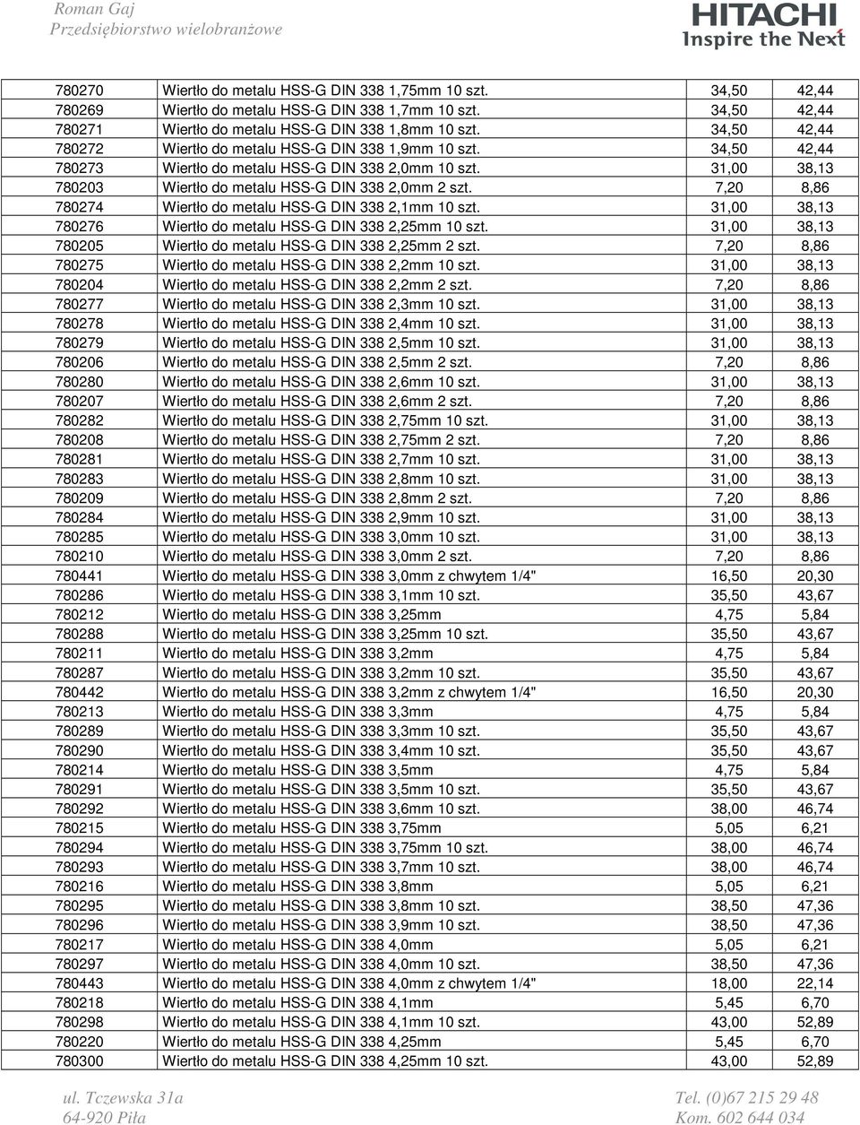 7,20 8,86 780274 Wiertło do metalu HSS-G DIN 338 2,1mm 10 szt. 31,00 38,13 780276 Wiertło do metalu HSS-G DIN 338 2,25mm 10 szt. 31,00 38,13 780205 Wiertło do metalu HSS-G DIN 338 2,25mm 2 szt.