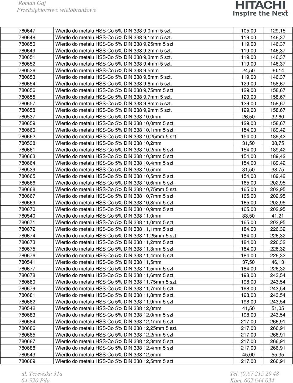 119,00 146,37 780652 Wiertło do metalu HSS-Co 5% DIN 338 9,4mm 5 szt. 119,00 146,37 780536 Wiertło do metalu HSS-Co 5% DIN 338 9,5mm 24,50 30,14 780653 Wiertło do metalu HSS-Co 5% DIN 338 9,5mm 5 szt.