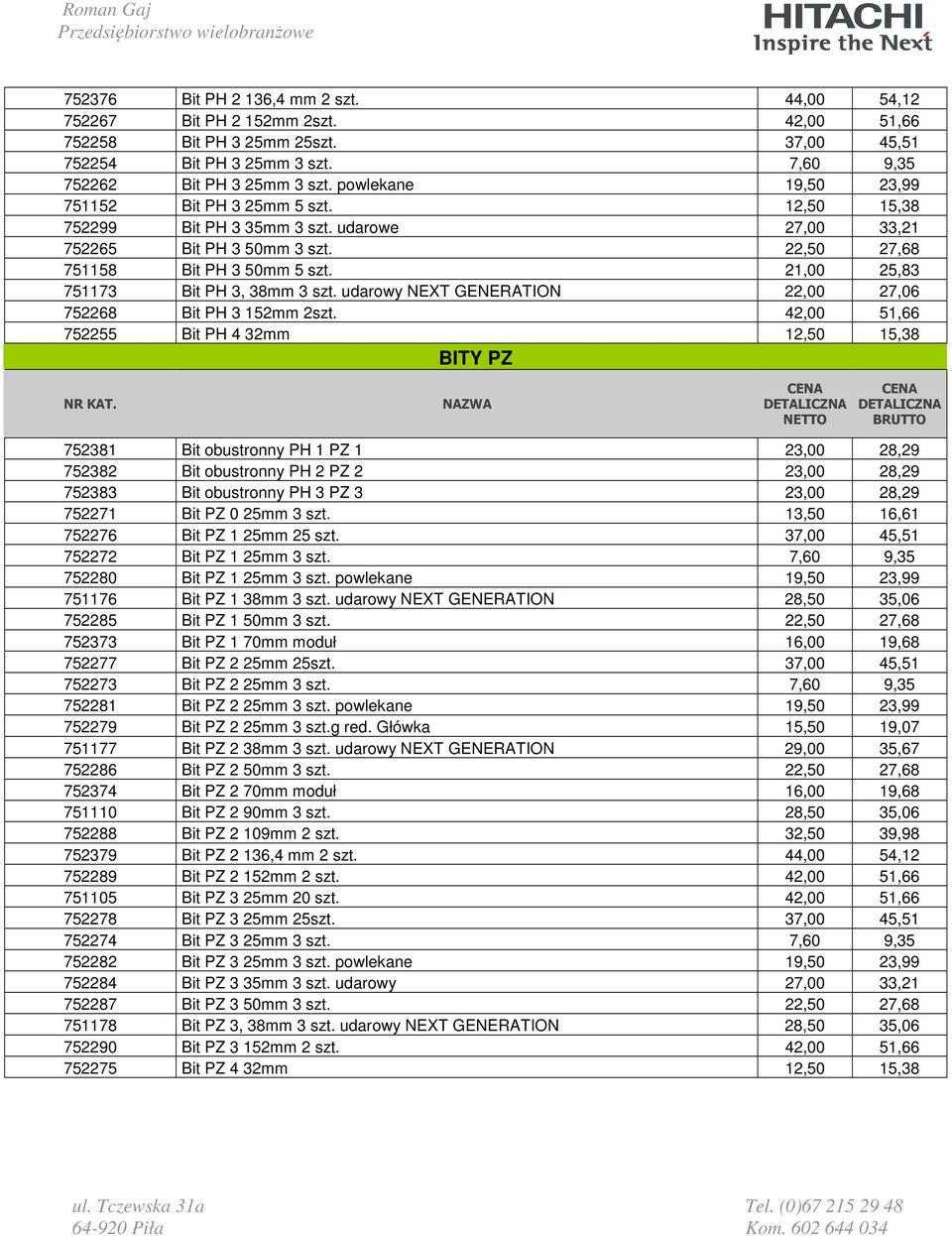 21,00 25,83 751173 Bit PH 3, 38mm 3 szt. udarowy NEXT GENERATION 22,00 27,06 752268 Bit PH 3 152mm 2szt.