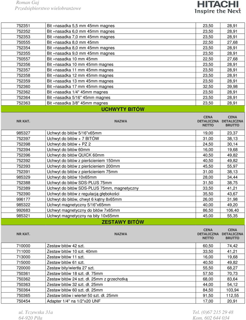 Bit»nasadka 11 mm 45mm magnes 23,50 28,91 752358 Bit»nasadka 12 mm 45mm magnes 23,50 28,91 752359 Bit»nasadka 13 mm 45mm magnes 23,50 28,91 752360 Bit»nasadka 17 mm 45mm magnes 32,50 39,98 752362