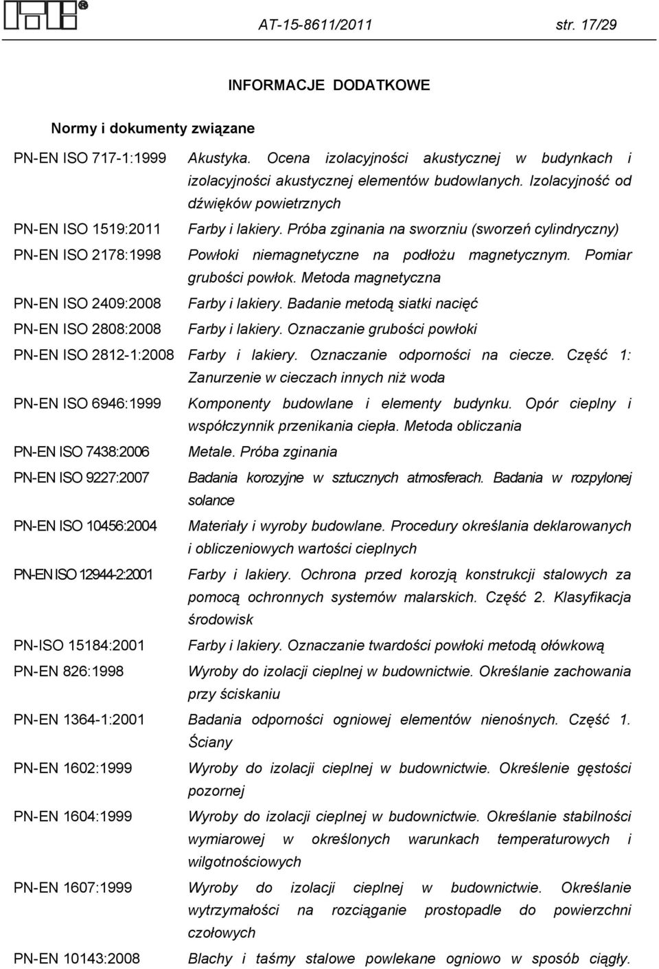 Pomiar grubości powłok. Metoda magnetyczna PN-EN ISO 2409:2008 Farby i lakiery. Badanie metodą siatki nacięć PN-EN ISO 2808:2008 Farby i lakiery.