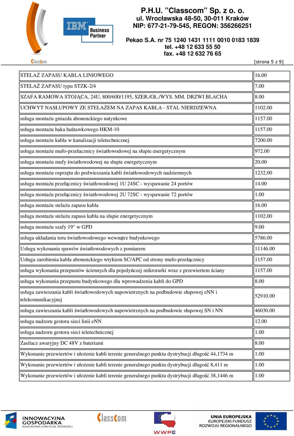 00 usługa montażu kabla w kanalizacji teletechnicznej 7200.00 usługa montażu mufo-przełacznicy światłowodowej na słupie energetycznym 972.