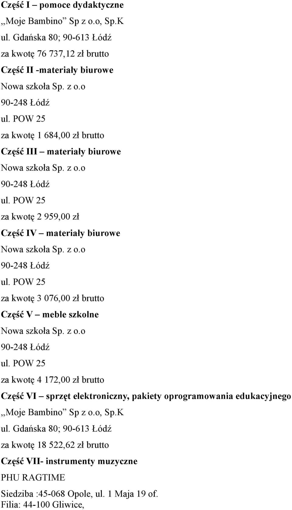 za kotę 3 076,00 zł brutto Część V meble szkolne Noa szkoła Sp.