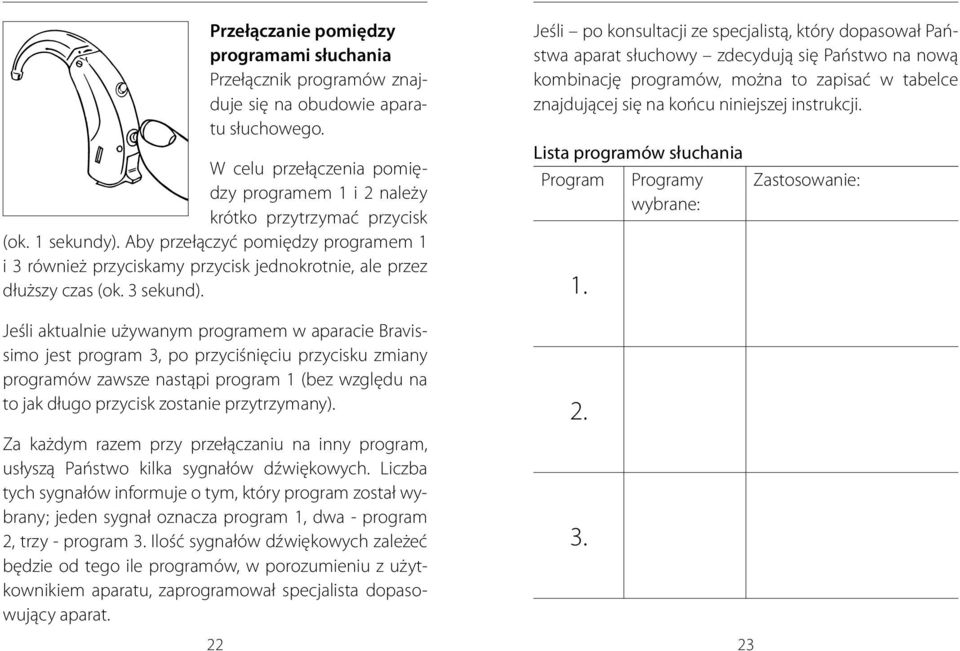Jeśli po konsultacji ze specjalistą, który dopasował Państwa aparat słuchowy zdecydują się Państwo na nową kombinację programów, można to zapisać w tabelce znajdującej się na końcu niniejszej