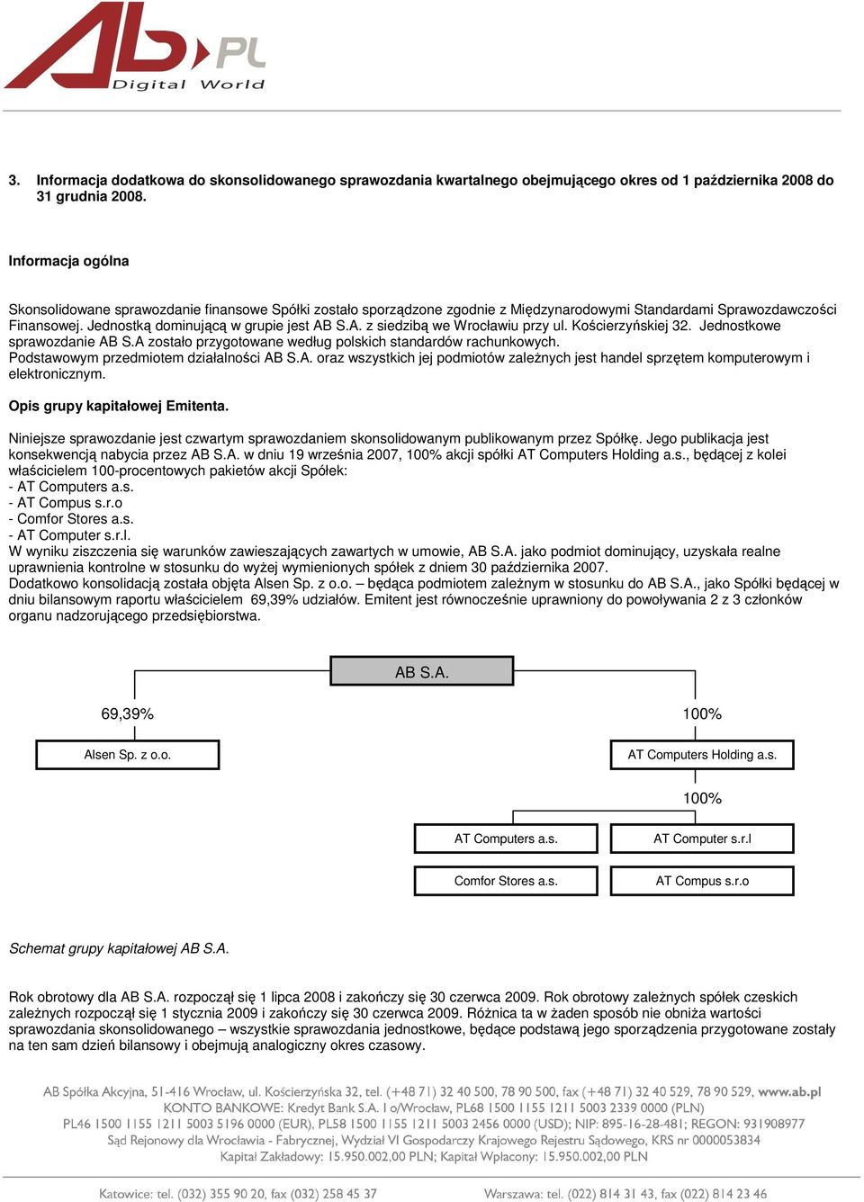 S.A. z siedzibą we Wrocławiu przy ul. Kościerzyńskiej 32. Jednostkowe sprawozdanie AB S.A zostało przygotowane według polskich standardów rachunkowych. Podstawowym przedmiotem działalności AB S.A. oraz wszystkich jej podmiotów zaleŝnych jest handel sprzętem komputerowym i elektronicznym.