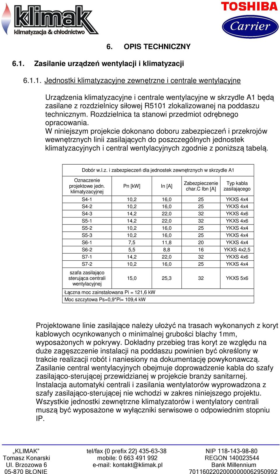 1. Jednostki klimatyzacyjne zewnętrzne i centrale wentylacyjne Urządzenia klimatyzacyjne i centrale wentylacyjne w skrzydle A1 będą zasilane z rozdzielnicy siłowej R5101 zlokalizowanej na poddaszu