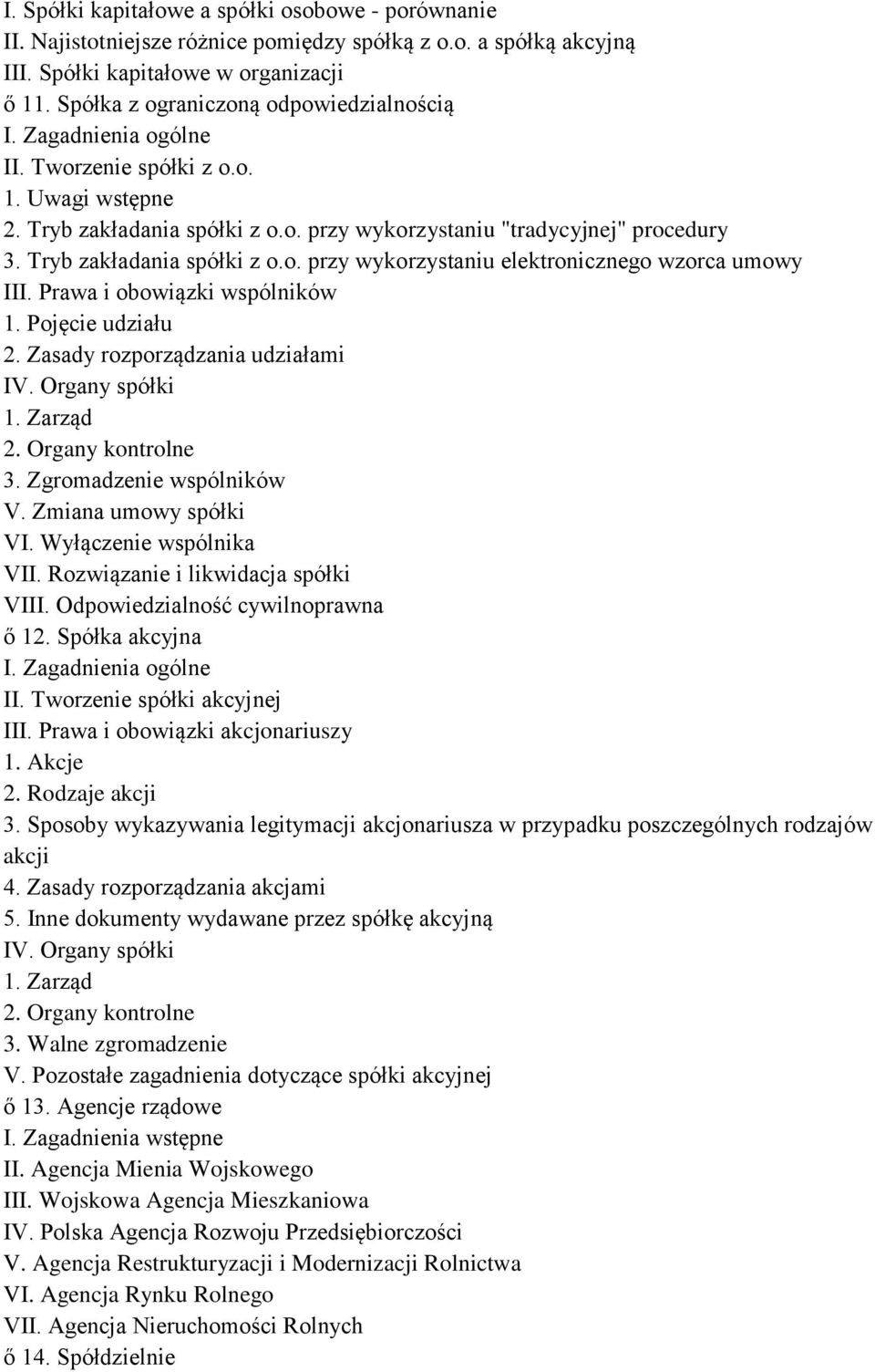 Tryb zakładania spółki z o.o. przy wykorzystaniu elektronicznego wzorca umowy III. Prawa i obowiązki wspólników 1. Pojęcie udziału 2. Zasady rozporządzania udziałami IV. Organy spółki 1. Zarząd 2.