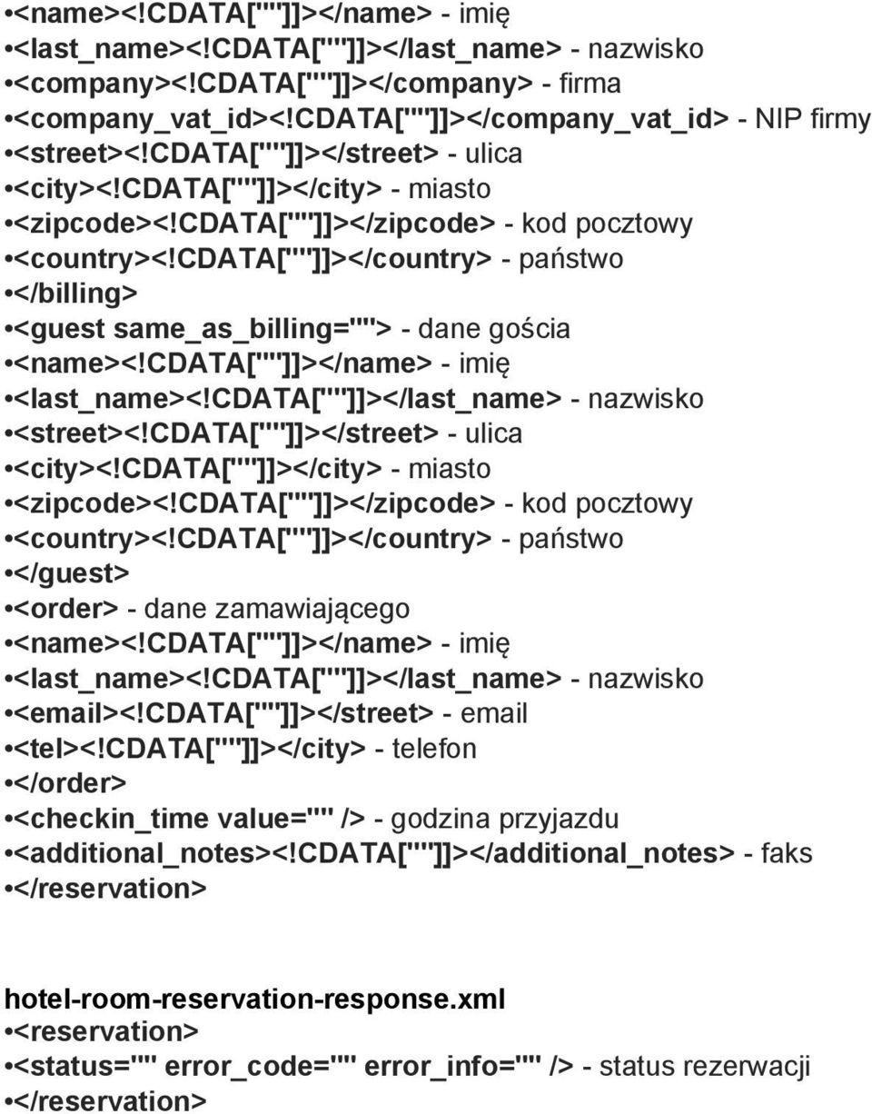 cdata[""]]></name> - imię </guest> <order> - dane zamawiającego <name><!cdata[""]]></name> - imię <email><!cdata[""]]></street> - email <tel><!