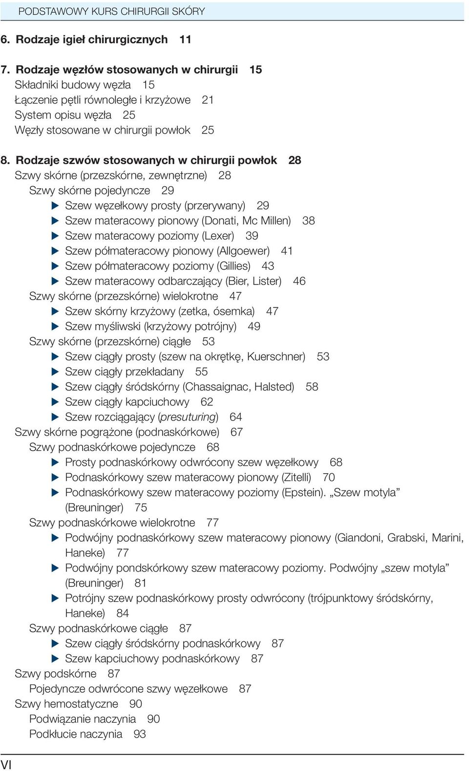 Rodzaje szwów stosowanych w chirurgii powłok 28 Szwy skórne (przezskórne, zewnętrzne) 28 Szwy skórne pojedyncze 29 u Szew węzełkowy prosty (przerywany) 29 u Szew materacowy pionowy (Donati, Mc