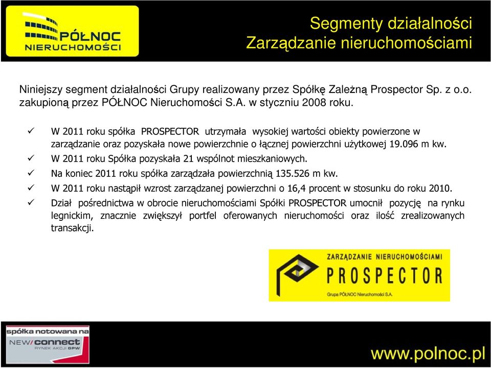 W 2011 roku Spółka pozyskała 21 wspólnot mieszkaniowych. Na koniec 2011 roku spółka zarządzała powierzchnią 135.526 m kw.