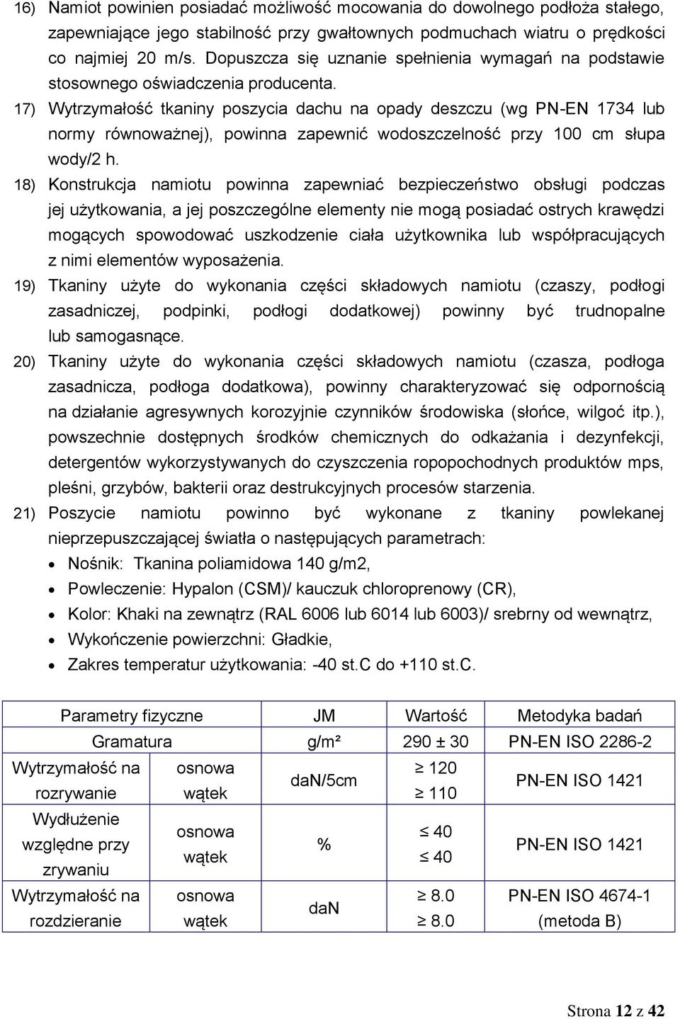 17) Wytrzymałość tkaniny poszycia dachu na opady deszczu (wg PN-EN 1734 lub normy równoważnej), powinna zapewnić wodoszczelność przy 100 cm słupa wody/2 h.