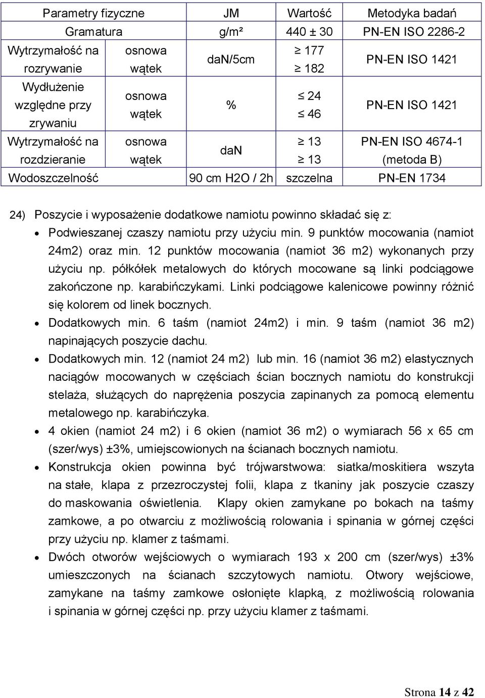 namiotu powinno składać się z: Podwieszanej czaszy namiotu przy użyciu min. 9 punktów mocowania (namiot 24m2) oraz min. 12 punktów mocowania (namiot 36 m2) wykonanych przy użyciu np.