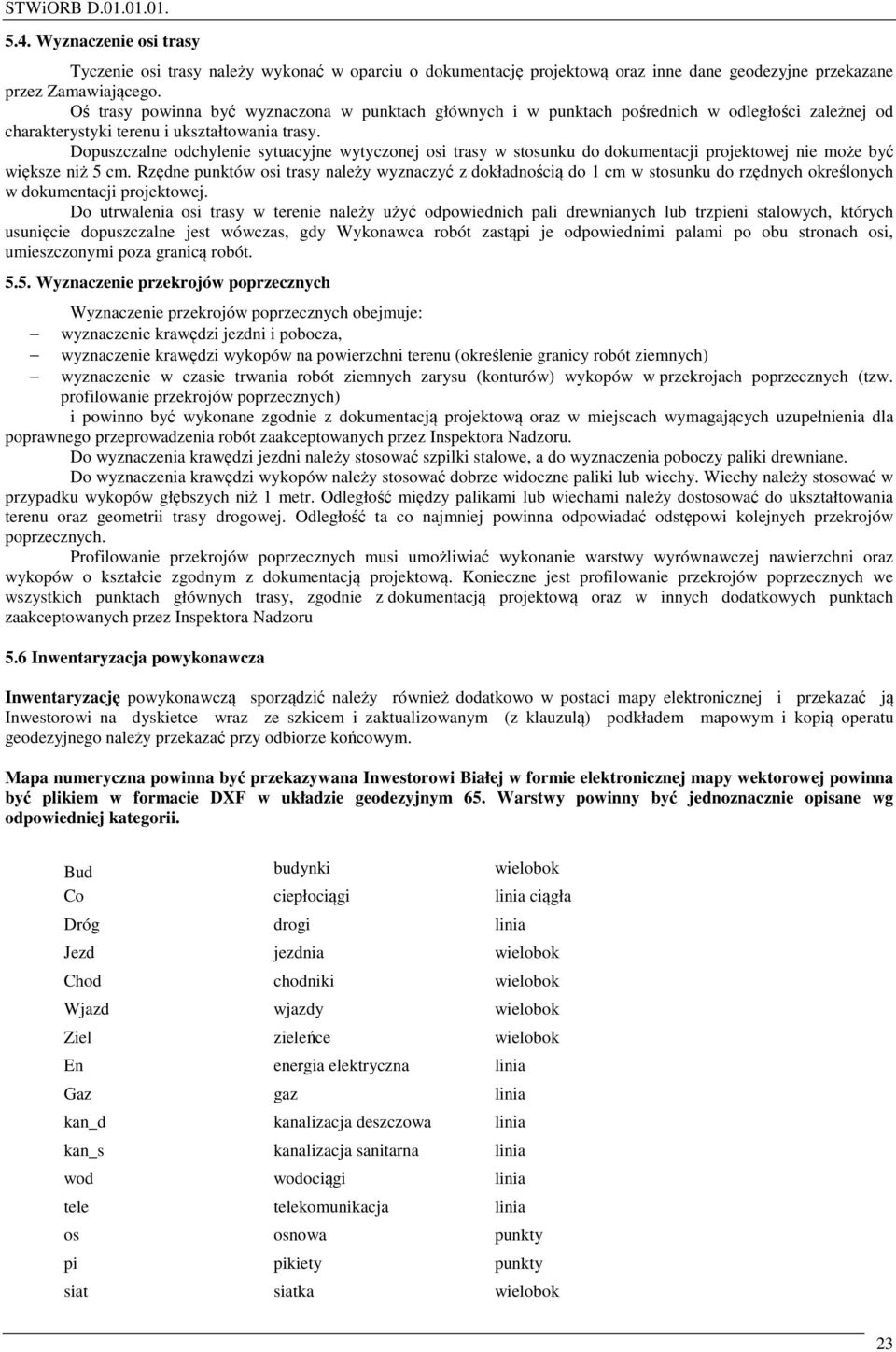 Dopuszczalne odchylenie sytuacyjne wytyczonej osi trasy w stosunku do dokumentacji projektowej nie może być większe niż 5 cm.
