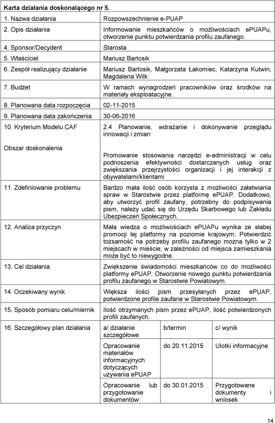 Budżet W ramach wynagrodzeń pracowników oraz środków na materiały eksploatacyjne. 8. Planowana data rozpoczęcia 02-11- 9. Planowana data zakończenia 30-06-2016 10.