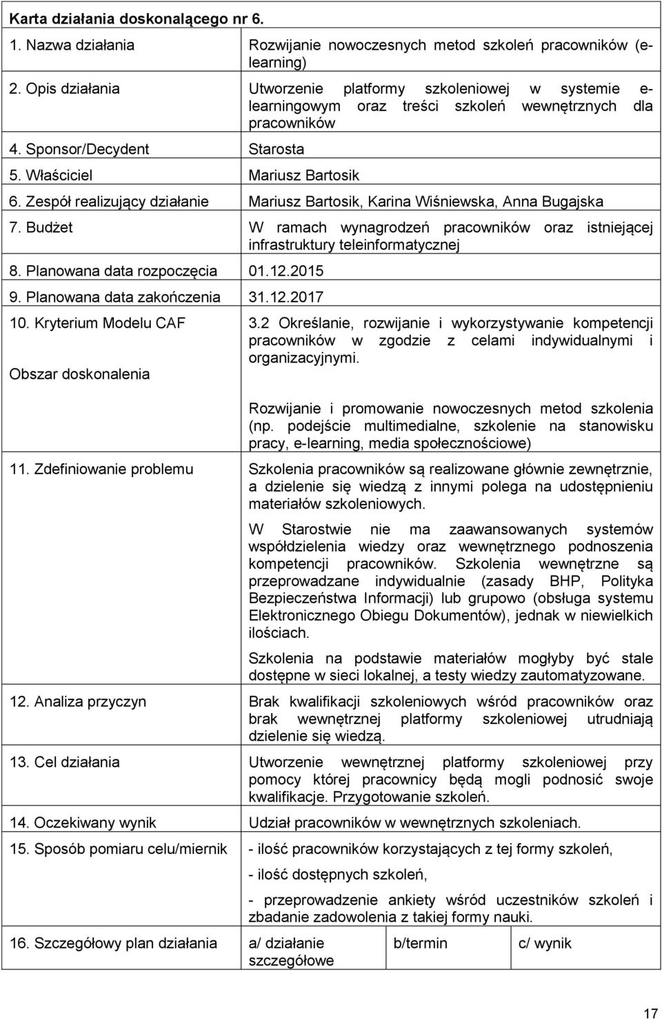 Zespół realizujący działanie Mariusz Bartosik, Karina Wiśniewska, Anna Bugajska 7. Budżet W ramach wynagrodzeń pracowników oraz istniejącej infrastruktury teleinformatycznej 8.